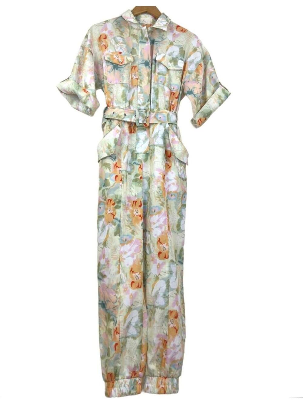 Lena Pastel Floral Belted Utility Jumpsuit‎ Lined Pockets Short Sleeve S
